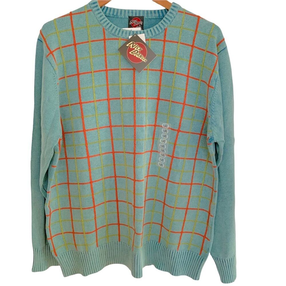 Vintage Men's Nick Danger Turquoise Box Pattern Grandpa Sweater XL